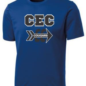 Blue CEC Cross Country moisture wicking royal t-shirt with "cec cougars" printed in white and gray collegiate-style font, featuring an arrow design.