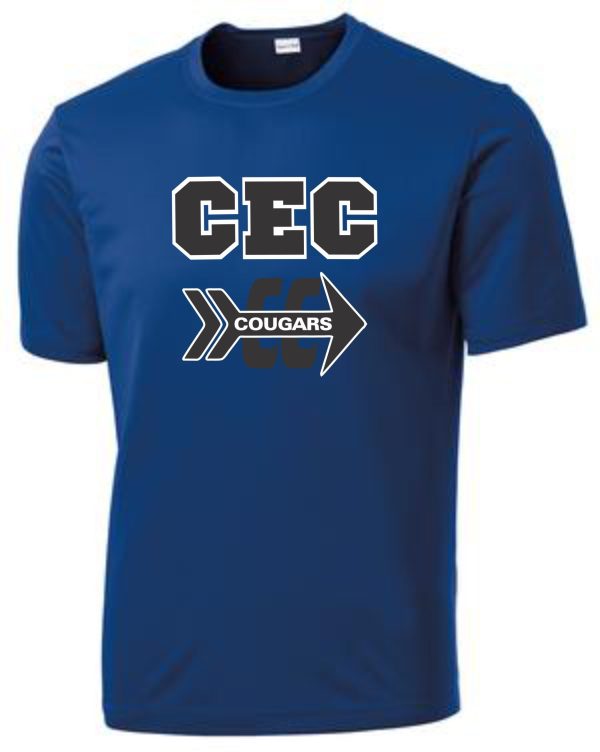 Blue CEC Cross Country moisture wicking royal t-shirt with "cec cougars" printed in white and gray collegiate-style font, featuring an arrow design.