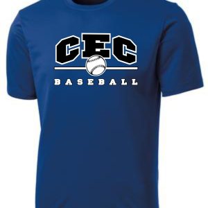 CEC Baseball moisture wicking royal blue t-shirt with "cec baseball" logo featuring a baseball graphic and bold white lettering.