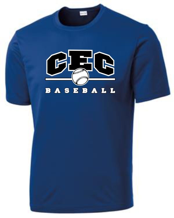 CEC Baseball moisture wicking royal blue t-shirt with "cec baseball" logo featuring a baseball graphic and bold white lettering.