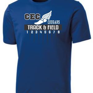 CEC Track moisture wicking royal t-shirt with "cec cougars track & field" design, featuring a winged shoe and numbers 1 to 8.