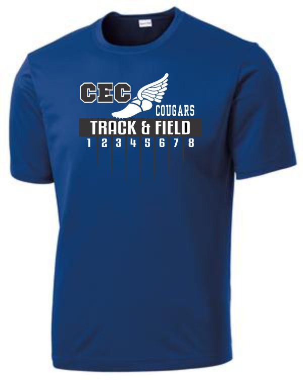 CEC Track moisture wicking royal t-shirt with "cec cougars track & field" design, featuring a winged shoe and numbers 1 to 8.