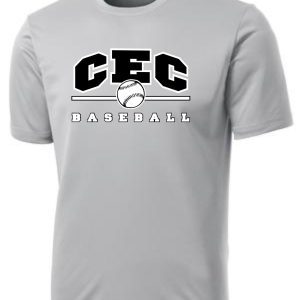 Gray CEC Baseball moisture wicking silver gray t-shirt with a baseball graphic centered on the chest.