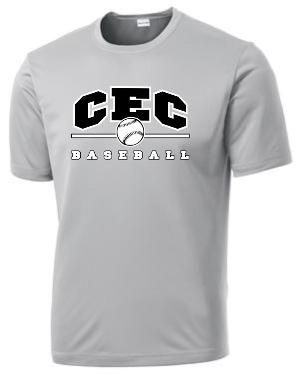 Gray CEC Baseball moisture wicking silver gray t-shirt with a baseball graphic centered on the chest.