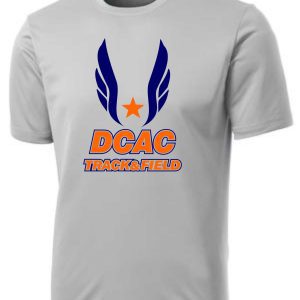 Derby City DCAC Moisture wicking silver t ST350 with "dcac track & field" logo featuring a star and wings in blue and orange colors.