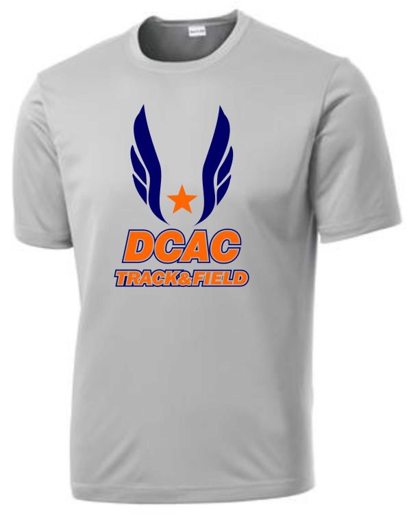 Derby City DCAC Moisture wicking silver t ST350 with "dcac track & field" logo featuring a star and wings in blue and orange colors.