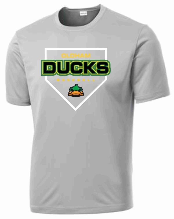 Grey t-shirt with Oldham Ducks logo.