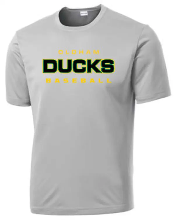 Grey t-shirt with Oldham Ducks baseball logo.