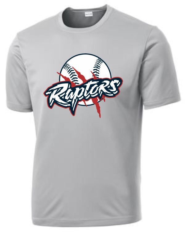 Grey t-shirt with Raptors baseball logo.