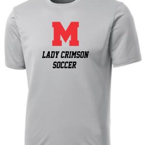 Manual Lady Crimson Soccer LETTERS moisture wicking tshirt ST350 with the logo "m lady crimson soccer" in red letters on the chest.