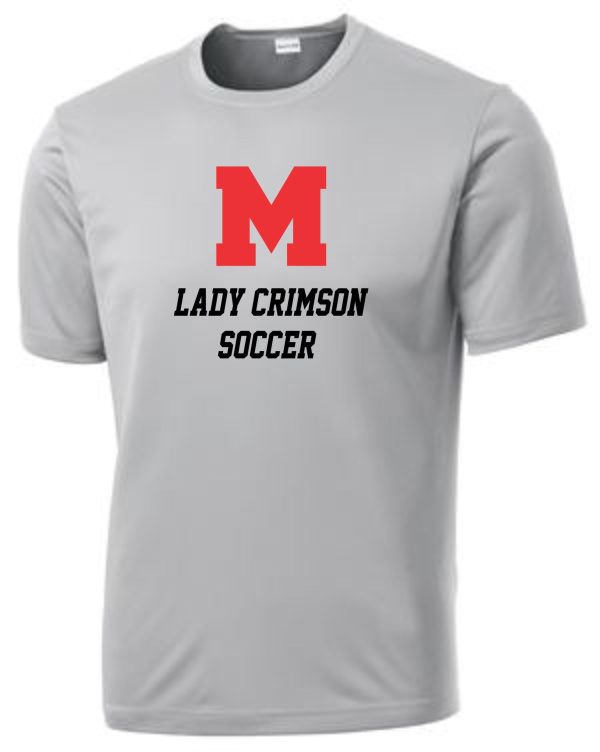 Manual Lady Crimson Soccer LETTERS moisture wicking tshirt ST350 with the logo "m lady crimson soccer" in red letters on the chest.