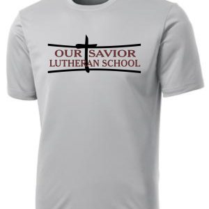 OSLS youth moisture wicking Tshirt YST350 featuring the logo "our savior lutheran school" with a cross symbol above the text.