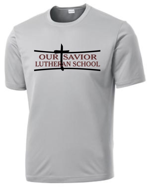 OSLS youth moisture wicking Tshirt YST350 featuring the logo "our savior lutheran school" with a cross symbol above the text.