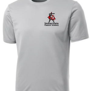 Silver Immaculata moisture wicking Tshirt with "immaculata classical academy" and a knight mascot logo on the chest.