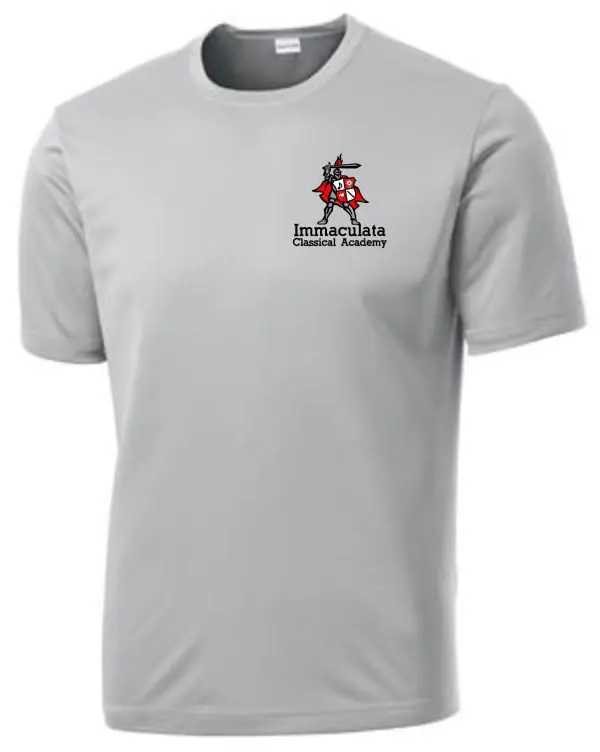 Silver Immaculata moisture wicking Tshirt with "immaculata classical academy" and a knight mascot logo on the chest.