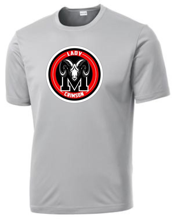 Manual Lady Crimson Soccer LOGO moisture wicking t-shirt ST350 featuring a stylized ram's head in black and red on the chest.