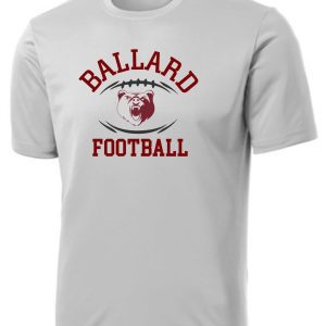 Gray Ballard Football moisture wicking T shirt ST350/YST350 featuring a logo with the text "ballard football" and a graphic of a roaring bear's head.