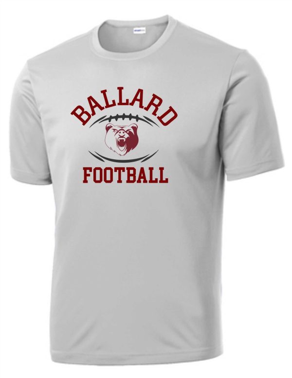 Gray Ballard Football moisture wicking T shirt ST350/YST350 featuring a logo with the text "ballard football" and a graphic of a roaring bear's head.