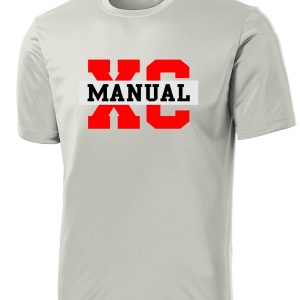 Gray Manual Cross Country ADULT moisture wicking t-shirt ST350 with "manual" text in bold red and black letters on the chest.