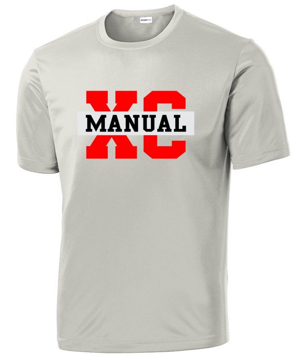 Gray Manual Cross Country ADULT moisture wicking t-shirt ST350 with "manual" text in bold red and black letters on the chest.