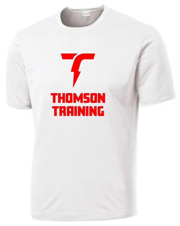 Thomson Training Moisture wicking t ST350 with a red "thomson training" logo and a stylized 'f' above the text on the chest.