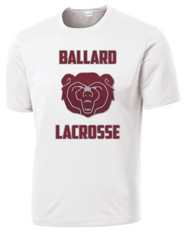 Ballard Lacrosse moisture wicking T shirt ST350/YST350 with "ballard lacrosse" text and a bear logo in maroon and grey colors.