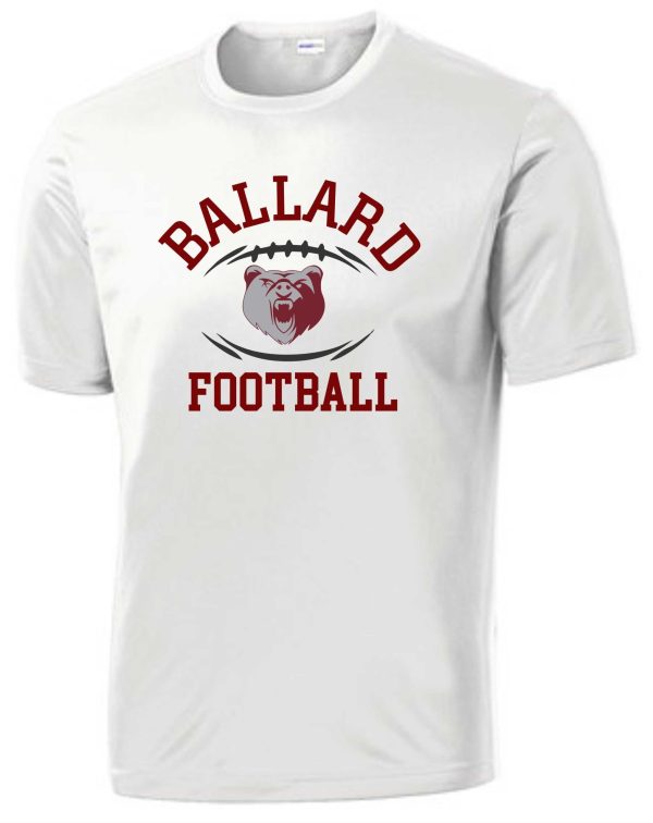 Ballard Football moisture wicking T shirt ST350/YST350 with a bear face graphic in maroon and gray colors.