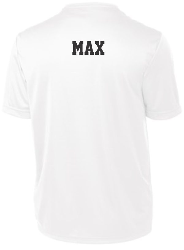 Immaculata White T-shirt with the word "max" printed in black across the upper back.