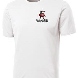 Immaculata White moisture wicking T-shirt with "immaculata classical academy" logo featuring a knight on a horse.