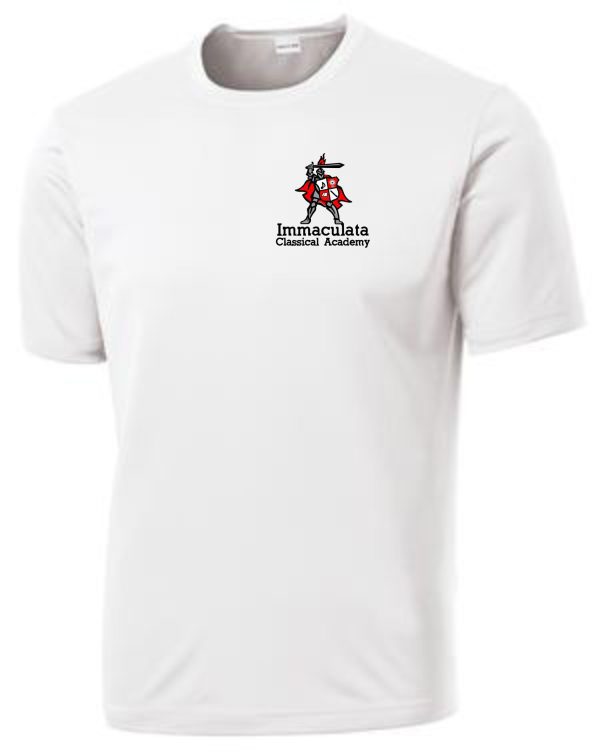 Immaculata White moisture wicking T-shirt with "immaculata classical academy" logo featuring a knight on a horse.