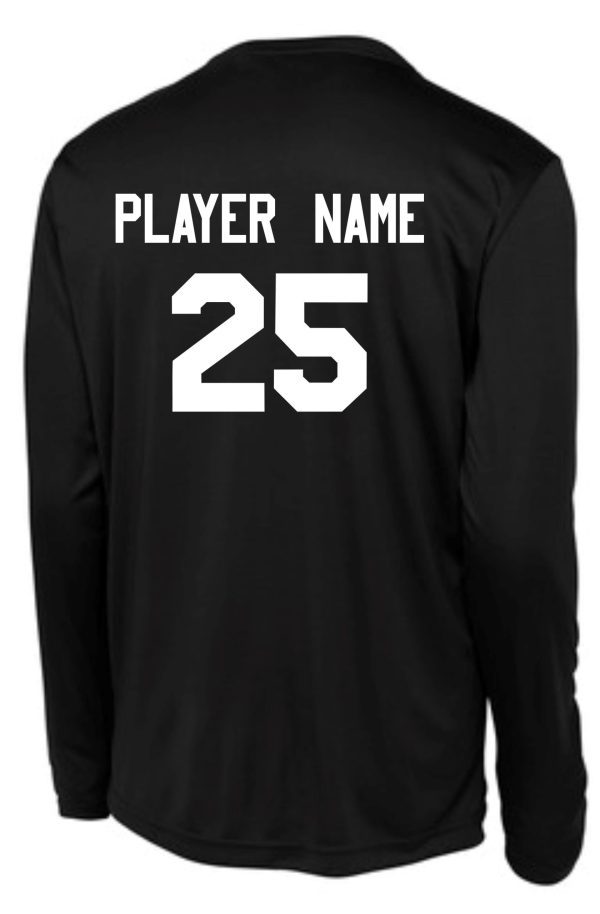 Back view of a CEC Girls Basketball Ball design Black moisture wick ST350LS with the words "player name" and the number "25" in white text.