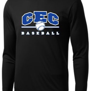 Black CEC Baseball Wicking Long slv T-shirt with white and blue "cec baseball" logo featuring a baseball design.