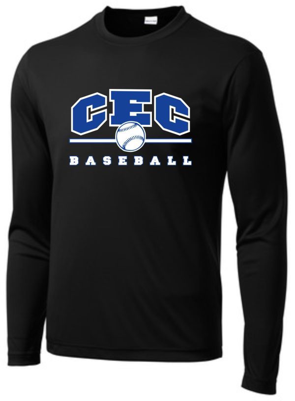 Black CEC Baseball Wicking Long slv T-shirt with white and blue "cec baseball" logo featuring a baseball design.