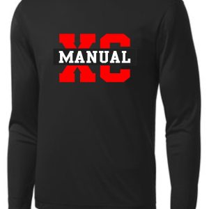 Black Manual Cross Country ADULT long sleeve Moisture wick ST350LS shirt with a red and white "xc manual" logo on the front.