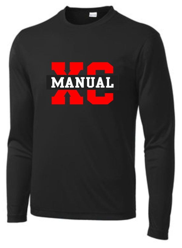 Black Manual Cross Country ADULT long sleeve Moisture wick ST350LS shirt with a red and white "xc manual" logo on the front.