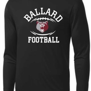 Black Ballard Football L/S moisture wicking T ST350LS/YST350LS with "ballard football" text and a bear logo in white and red.