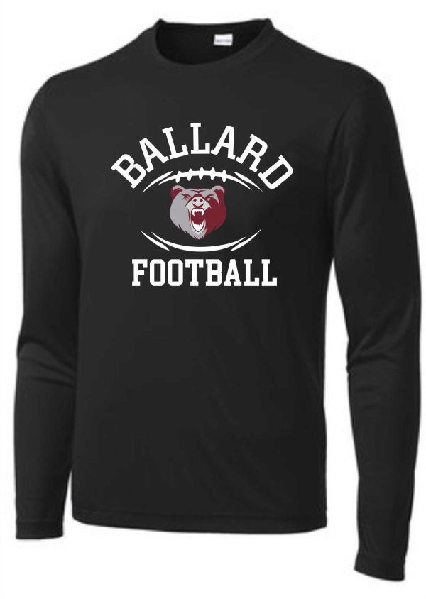 Black Ballard Football L/S moisture wicking T ST350LS/YST350LS with "ballard football" text and a bear logo in white and red.