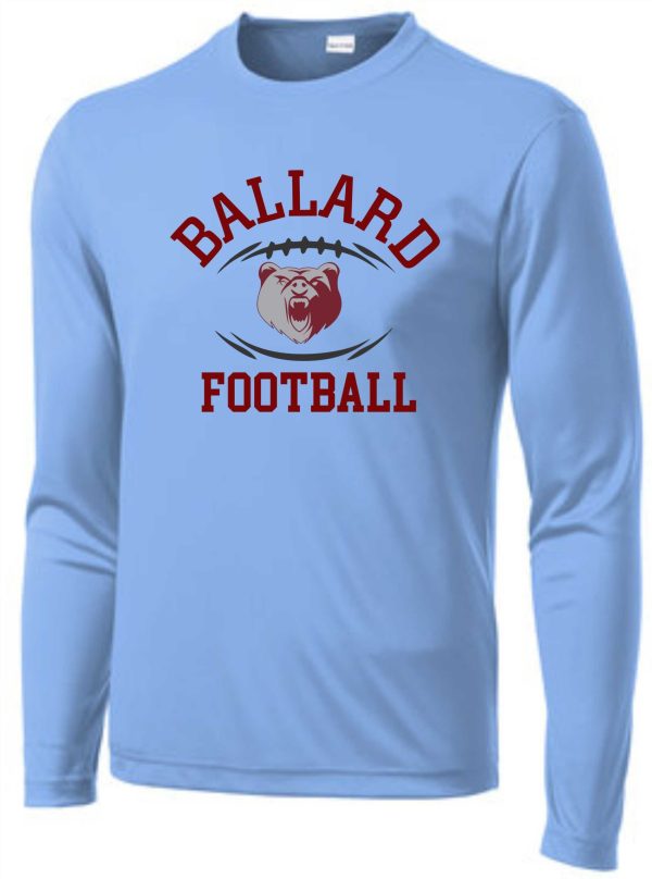 Blue Ballard Football L/S moisture wicking T-shirt with a bear mascot graphic.