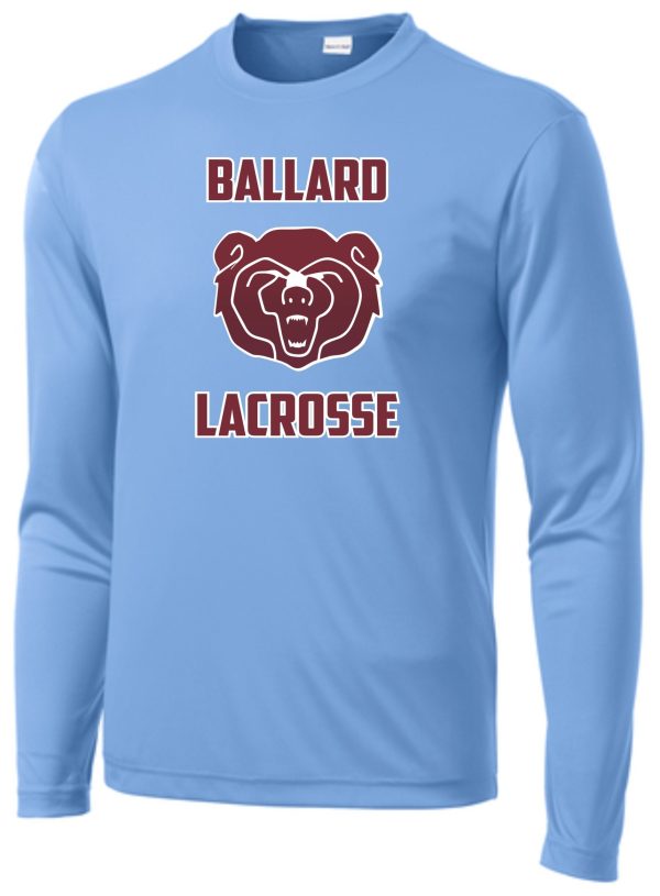 Ballard Lacrosse Wicking Long sleeve t-shirt with "ballard lacrosse" text and a bear logo on the front.