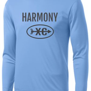 Harmony XC Columbia Blue long-sleeve wicking t-shirt with the word "harmony" and an abstract logo featuring an oval and crossed lines printed on the front.