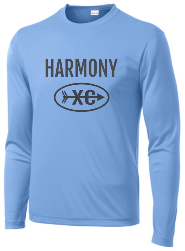 Harmony XC Columbia Blue long-sleeve wicking t-shirt with the word "harmony" and an abstract logo featuring an oval and crossed lines printed on the front.