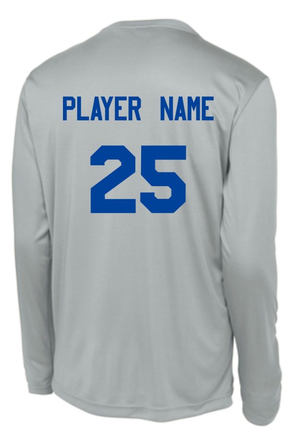 CEC Girls Basketball Ball design Gray moisture wick ST350LS long-sleeved sports jersey with "player name" and the number "25" printed in blue on the back.