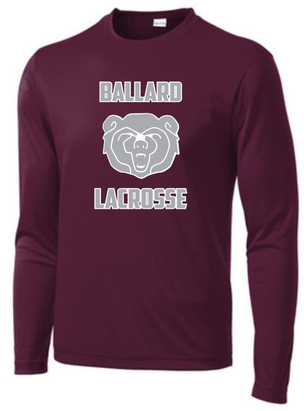 A Ballard Lacrosse Wicking Long sleeve T-shirt ST350LS/YST350LS with "ballard lacrosse" and a graphic of a roaring bear's face in white on the front.