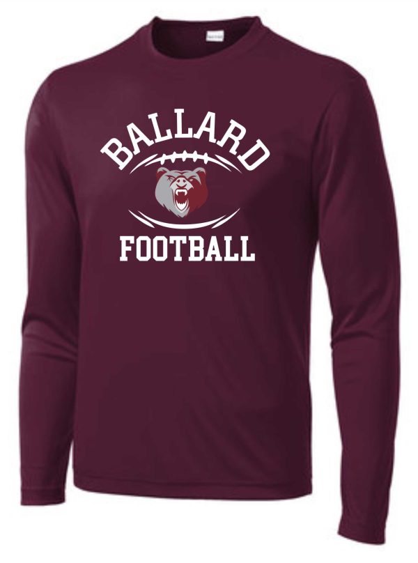 A Ballard Football L/S moisture wicking T ST350LS/YST350LS with the "ballard football" logo featuring a bear's face on the front.