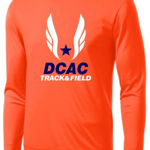 Derby City DCAC long sleeve Orange ST350LS with a "dcac track & field" logo featuring a blue star and white wings on the chest.