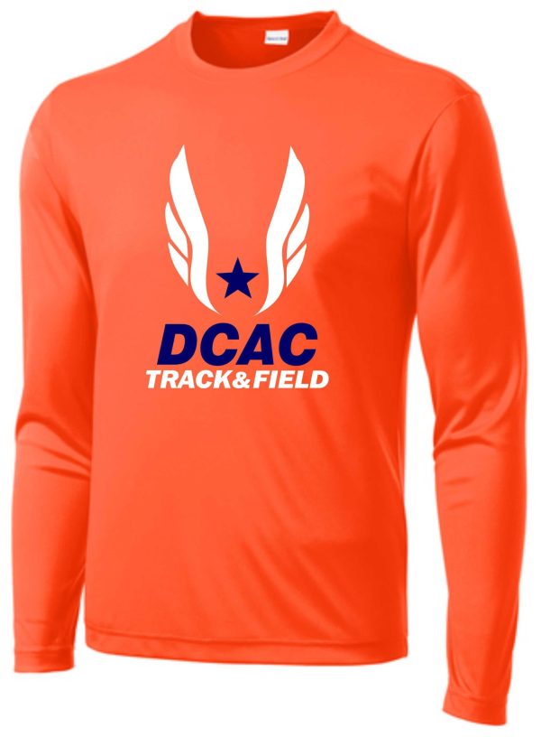 Derby City DCAC long sleeve Orange ST350LS with a "dcac track & field" logo featuring a blue star and white wings on the chest.