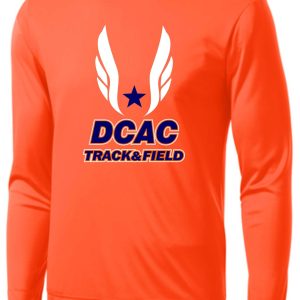 Bright orange Derby City AC long sleeve shirt with "dcac track & field" logo featuring a blue star and white wings printed on the chest.