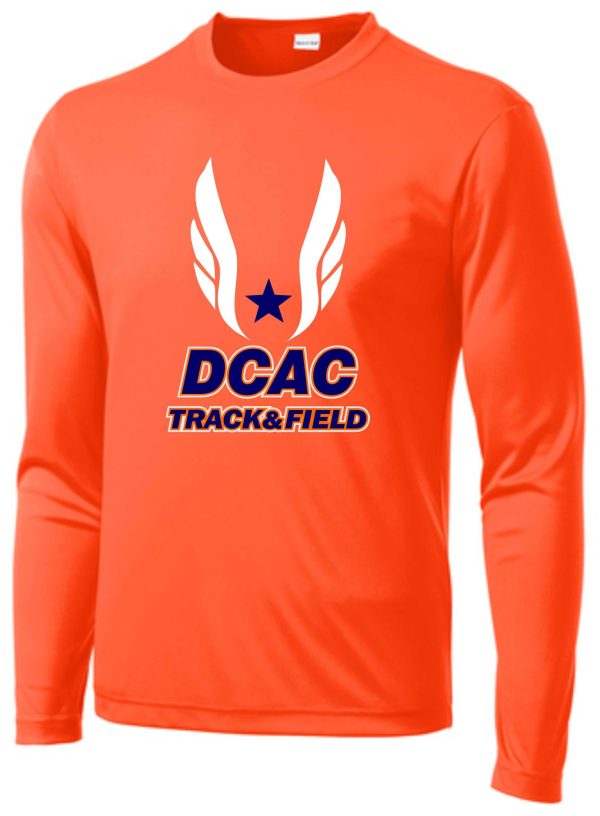 Bright orange Derby City AC long sleeve shirt with "dcac track & field" logo featuring a blue star and white wings printed on the chest.