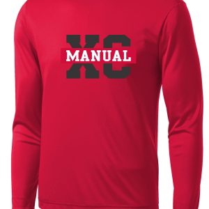 A red Manual Cross Country ADULT long sleeve Moisture wick ST350LS with the word "manual" printed in large gray letters across the chest.