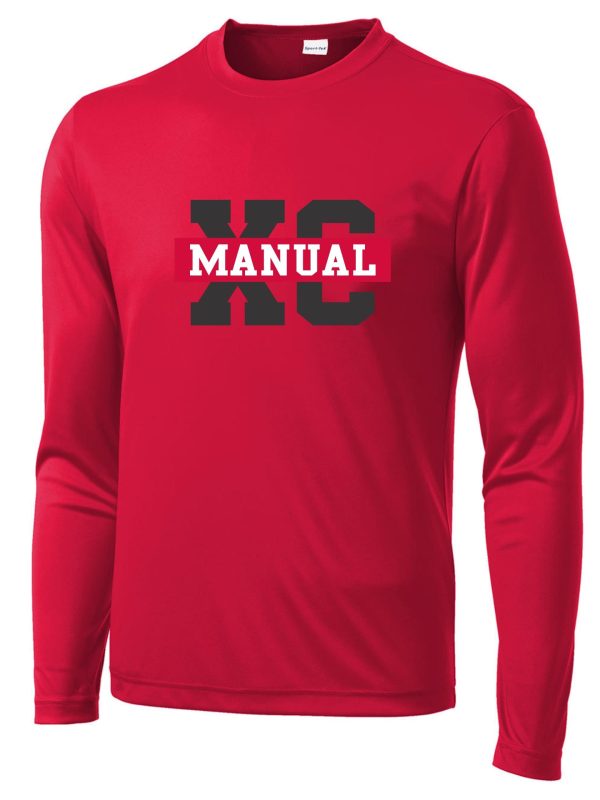 A red Manual Cross Country ADULT long sleeve Moisture wick ST350LS with the word "manual" printed in large gray letters across the chest.